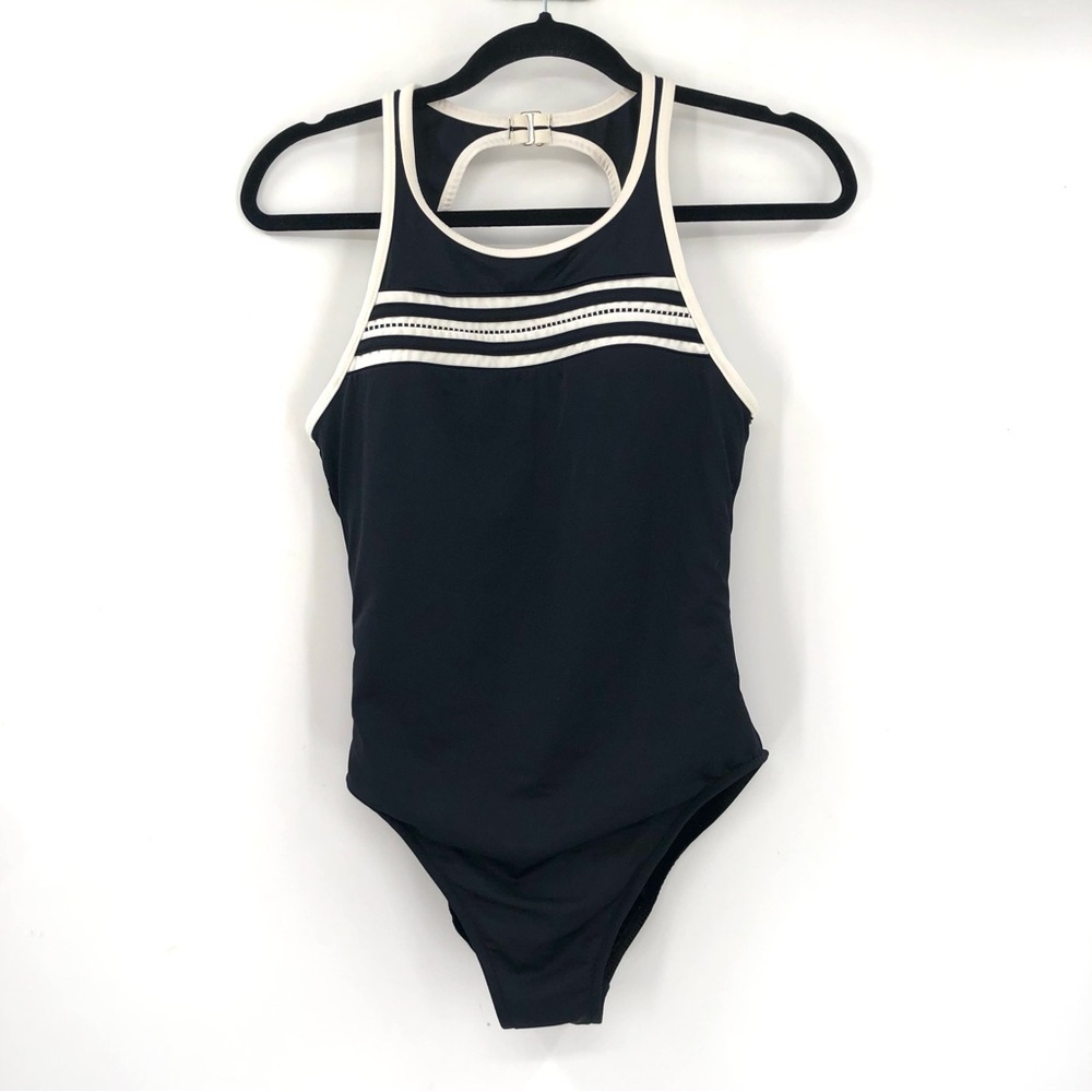 MIRACLESUIT High Scoop Neck Striped One Piece Swimsuit Black White Open Back 12